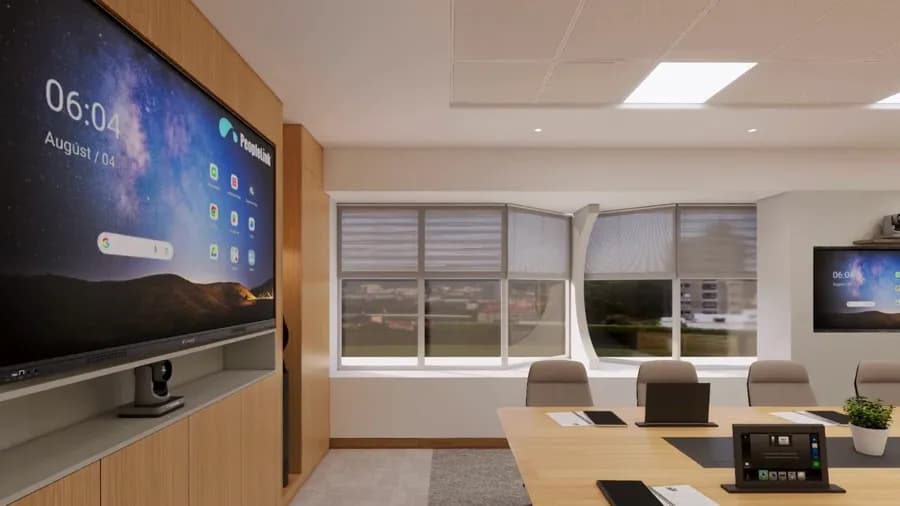Executive boardroom with a large interactive touch display and PTZ camera