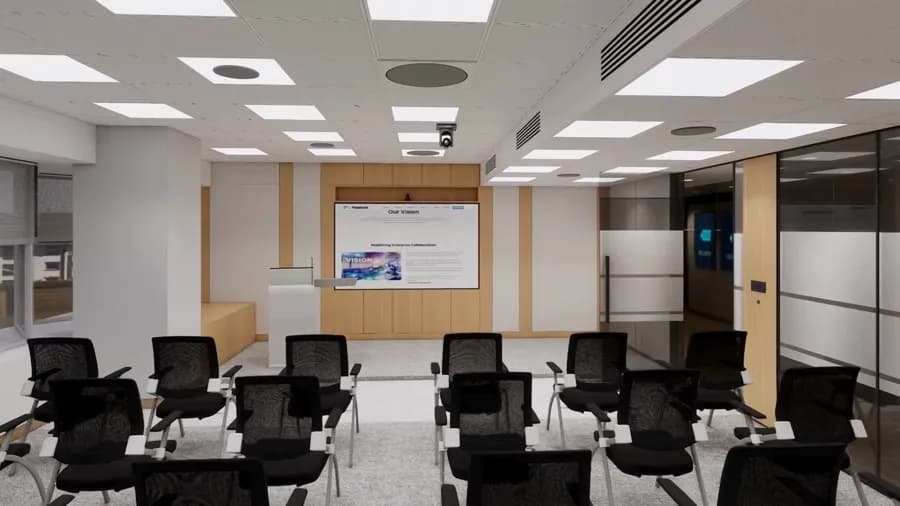 Smart classroom with tiered seating, interactive display and tracking cameras