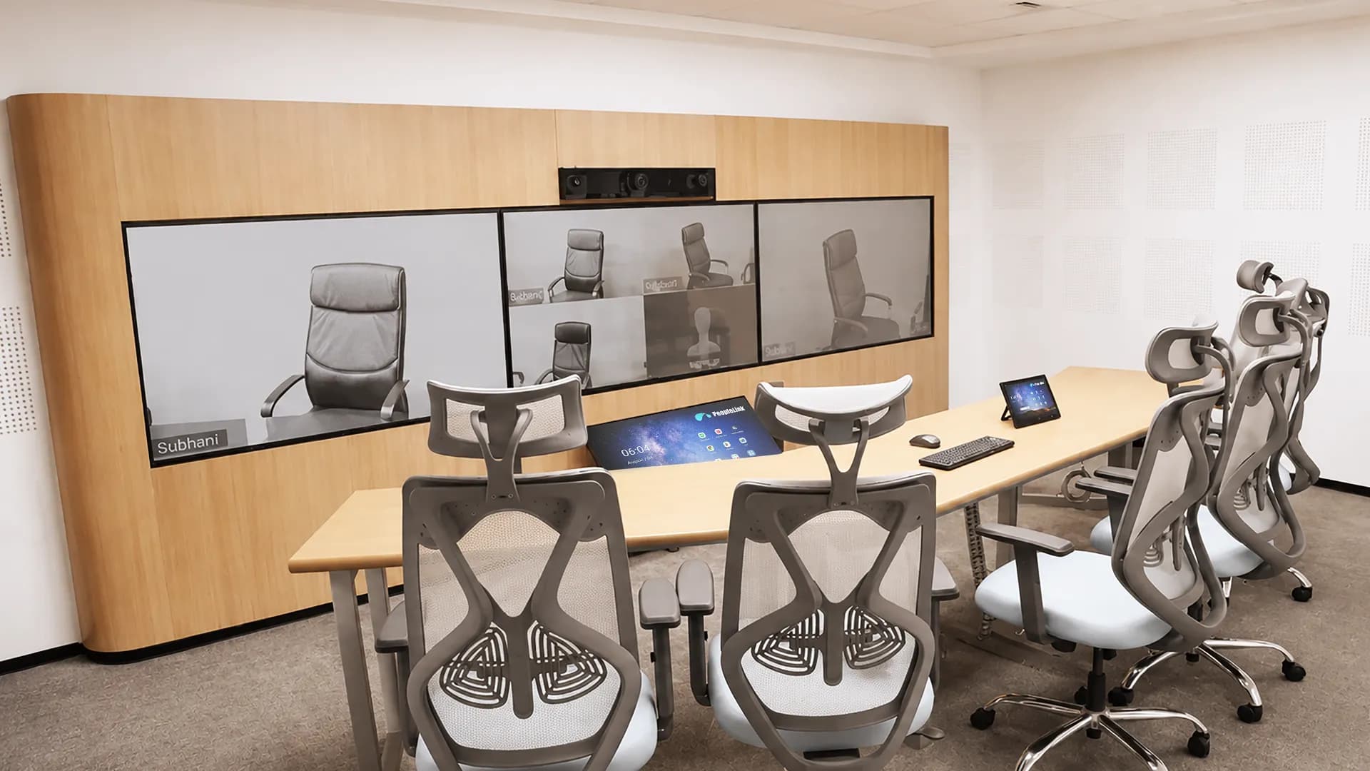 Telepresence display at the reception area showing live collaboration content