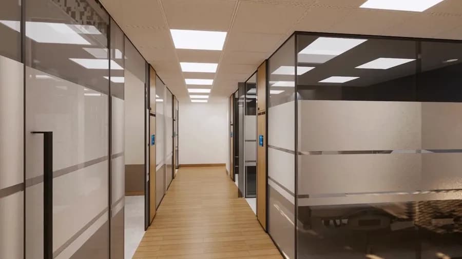 Corridor of meeting rooms with smart access control panels on each door
