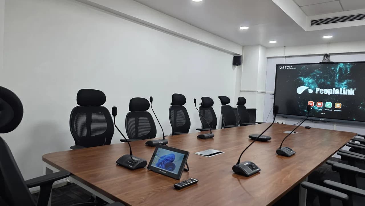 Classroom with interactive display, whiteboard and lectern