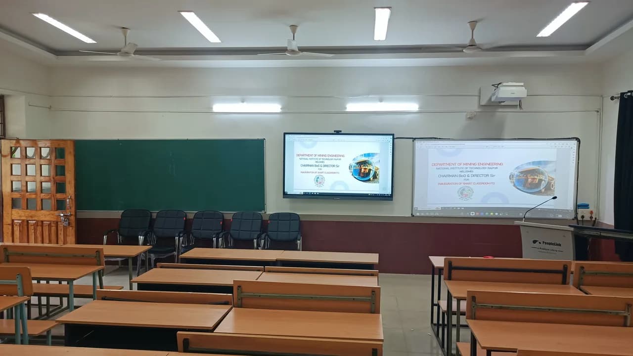 Smart classroom with interactive display, projector screen and digital podium